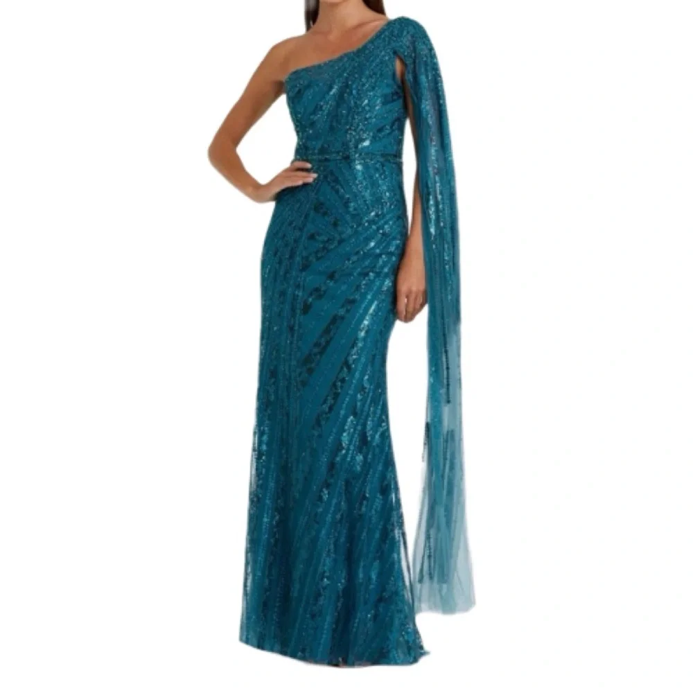 NWT Mac Duggal 20528 Ocean Blue One Shoulder Cape Sleeve Embellished Gown -Sz 12 - Picture 1 of 10